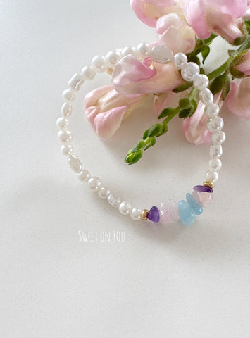ROSE QUARTZ, AQUAMARINE AND AMETHYST BRACELET